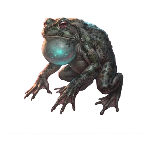 A hunched amphibian, wet mottled skin and long-fingered hands, throat sac swelling.