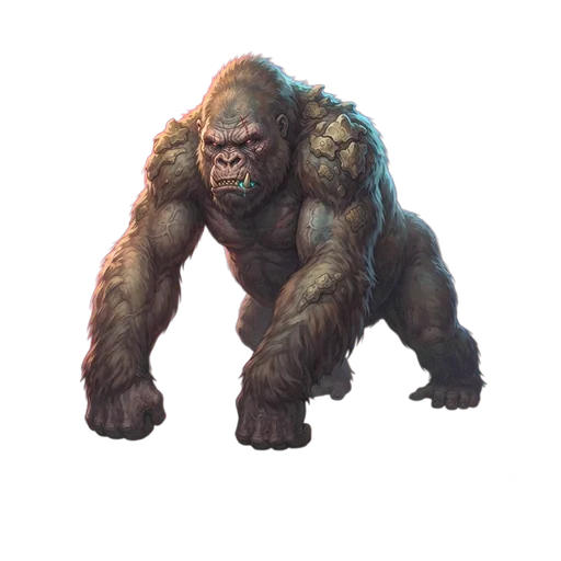 A heavy-shouldered ape, long forearms planted like columns, flat scarred face beneath a low brow.