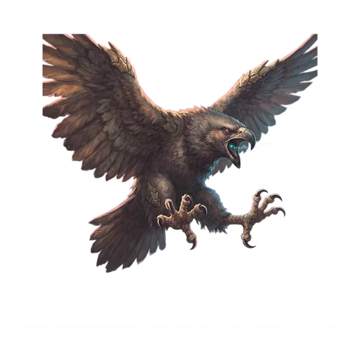 A great raptor with wings spread, hooked beak open and talons reaching forward to strike.