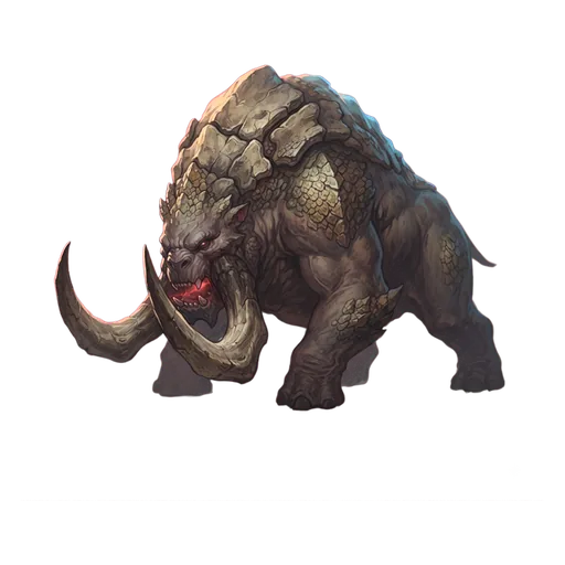 A vast four-legged behemoth, slabbed hide over a humped back, tusks curving up from a heavy lower jaw.