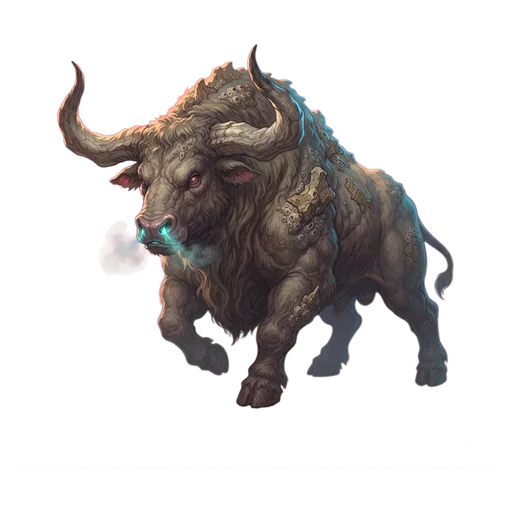 A massive horned bull, neck and shoulders overbuilt, breath steaming from wide nostrils.