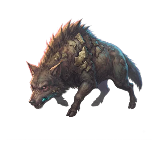 A lean wolf with its head lowered, hackles standing along the spine, shoulders bunched.