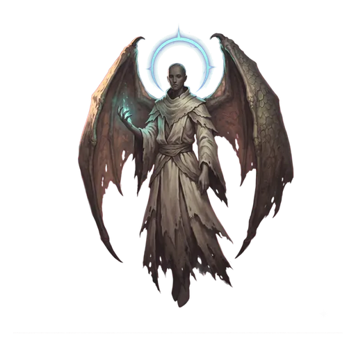 A winged figure in pale robes, a ring of cold light standing behind the head.