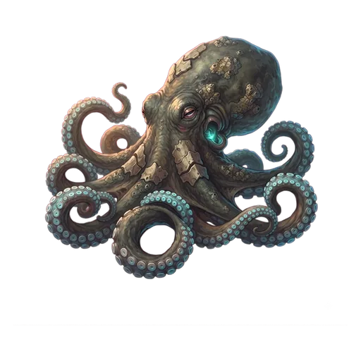 A large cephalopod, bulbous mantle and coiling arms, suckers catching the light along their length.