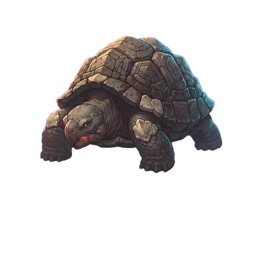 A great tortoise, shell ridged and plated like masonry, blunt beaked head held low.