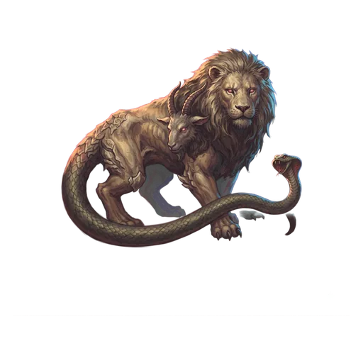 A beast of mismatched parts: a lion's body, a second horned head set at the shoulder, a serpent for a tail.