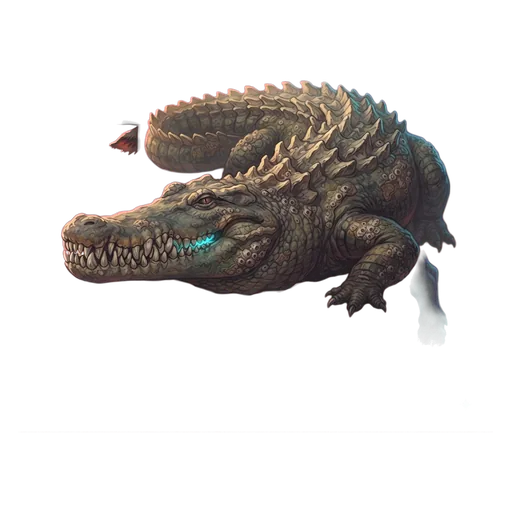 A long armoured crocodilian, ridged back and interlocking teeth, built low and wide to the ground.