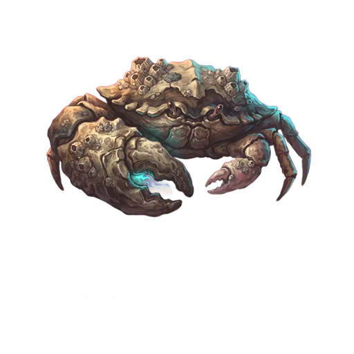 A heavy armoured crab, one claw grown far larger than the other, carapace crusted with barnacles.