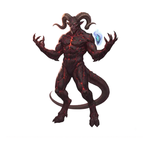 A horned demon, cracked red-black hide with embers showing in the fissures, clawed hands open.