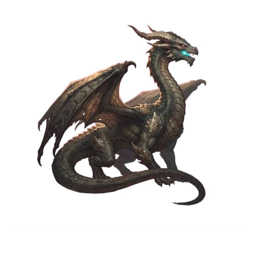 A long-necked scaled dragon, ribbed wing membranes half furled, horns swept back flat along the skull.