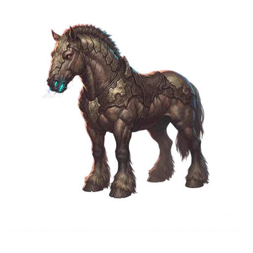 A heavy war horse, thick crested neck and feathered hooves, nostrils flared and ears pinned.