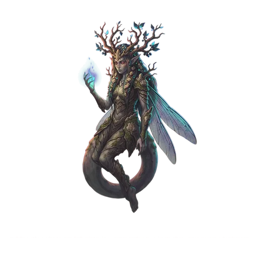 A slender fey figure crowned with living branches, thin dragonfly wings folded behind.