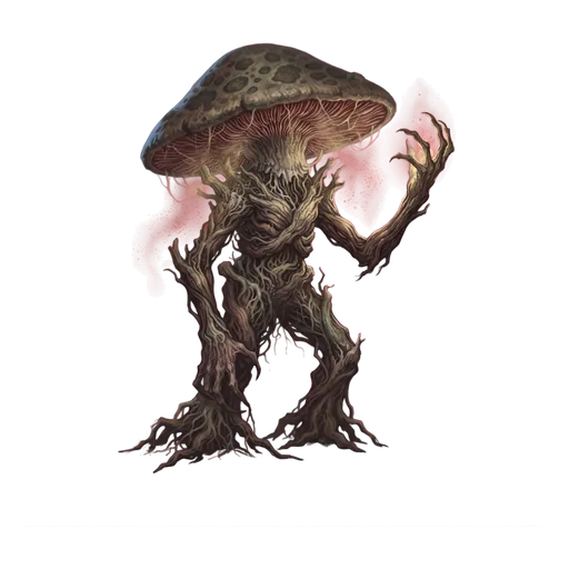 A fungal walker, cap and gills over a body of bark and mycelium, spores drifting from beneath.