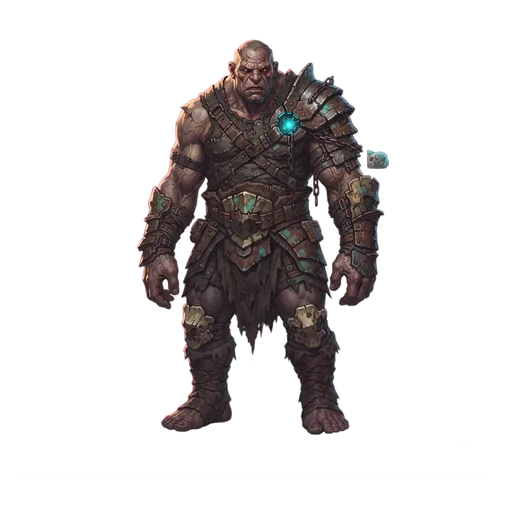 A towering humanoid giant in hide and scavenged iron, one shoulder built heavier than the other around an old break.