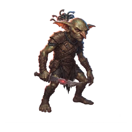 A wiry goblinoid in scavenged leather, notched blade held low at the hip, ears laid back.