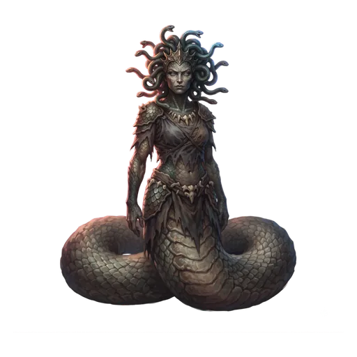 A serpent-haired figure on a coiled lower body, gaze level and stone-grey.
