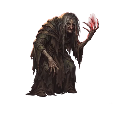 A bent hag in layered rags, fingers too long for the hands, hair hanging over a deeply lined face.