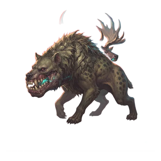 A heavy-jawed scavenger with a sloping back, coat spotted and rough at the shoulders.