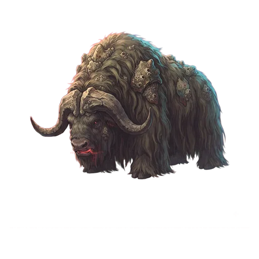 An oversized shaggy grazing beast, broad curved horns and a matted coat hanging past the knees.