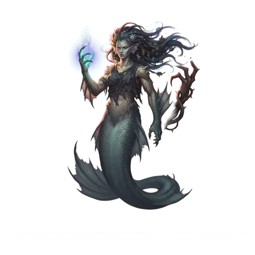 A merfolk figure with a scaled lower body and finned forearms, hair floating as if still underwater.