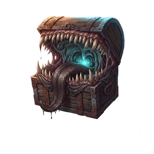 A wooden chest split open into a lined maw, long tongue lolling over far too many teeth.