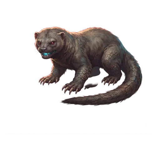 A low long-bodied mustelid, broad flat skull and heavy digging claws.