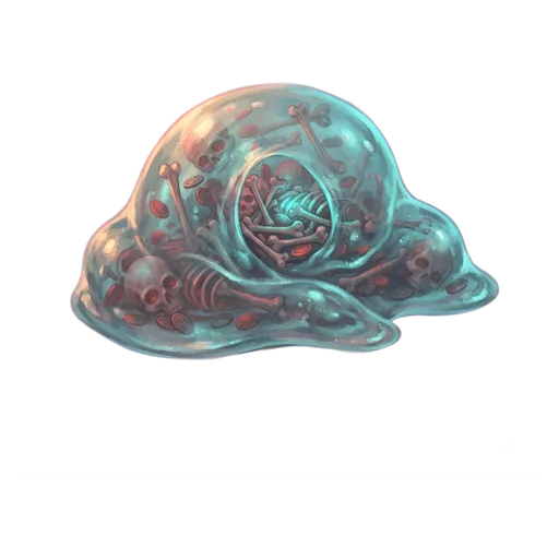A translucent gelatinous mass, half-dissolved bones and coins suspended inside it.