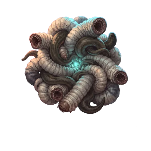 A knot of pale grubs and leeches, ringed mouths open and searching.