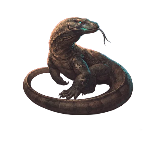 A large monitor lizard, loose scaled skin and a whip of a tail, tongue out and tasting the air.