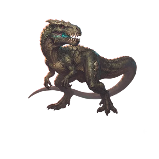 A bipedal saurian, deep jaw and a heavy counterbalancing tail, clawed feet set wide apart.