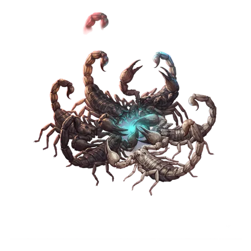 Several scorpions together, tails arched forward over their backs, claws raised.