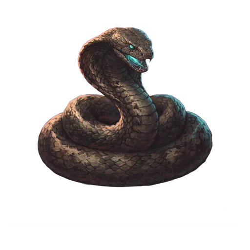 A thick coiled serpent, head raised clear of the coil, hood slightly spread.
