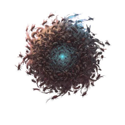 A dense drifting swarm of small biting things, thick at the middle and fraying at the edges.