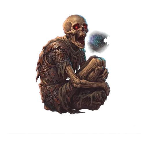 A dried corpse in rotted mail, jaw fixed open, a dull light held in the eye sockets.