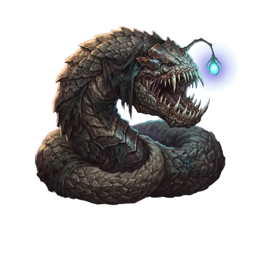 A lightless-deep horror all jaw and lamp-light, come up where the water is shallow enough to hunt.