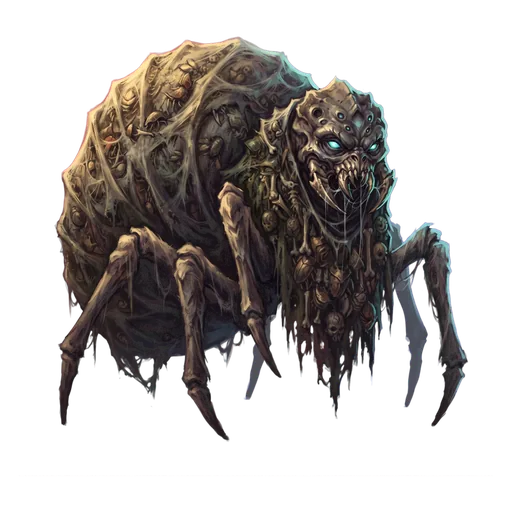 A bloated arachnid queen, silk and husks matted thick across her swollen abdomen.