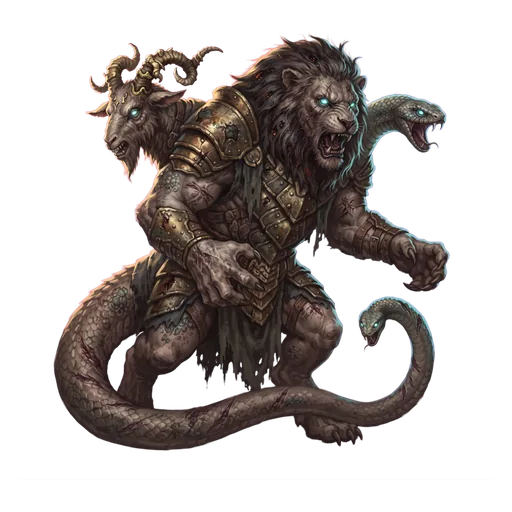 Lion, goat and serpent fused into one roaring nightmare, all three heads awake.