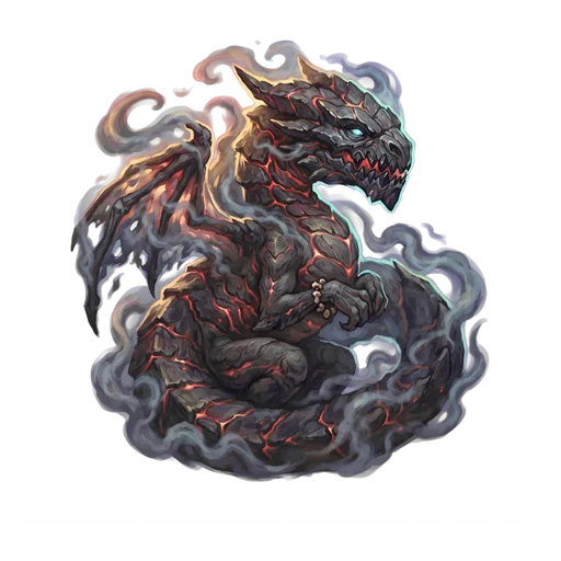 A young dragon of living coals, wreathed in its own smoke, scales glowing at the seams.