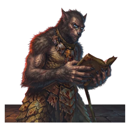 A wolf-headed ledger-keeper of the sunless market in scale armour, small spectacles on the muzzle, an open book held at exactly the correct angle in clawed hands.