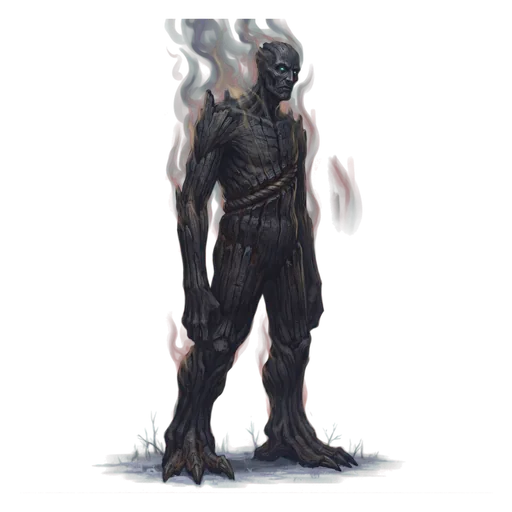 A charred standing figure like a post the fire was tied to, thin ash smoking off it without end.