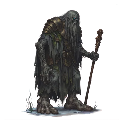 A keeper robed in river-grey, barefoot on wet stone, old past any guessing.