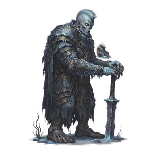 A gate-captain in a frost-welded harness, body squared away from you and the head turned back over one shoulder, spear grounded with both hands resting on the butt of it.
