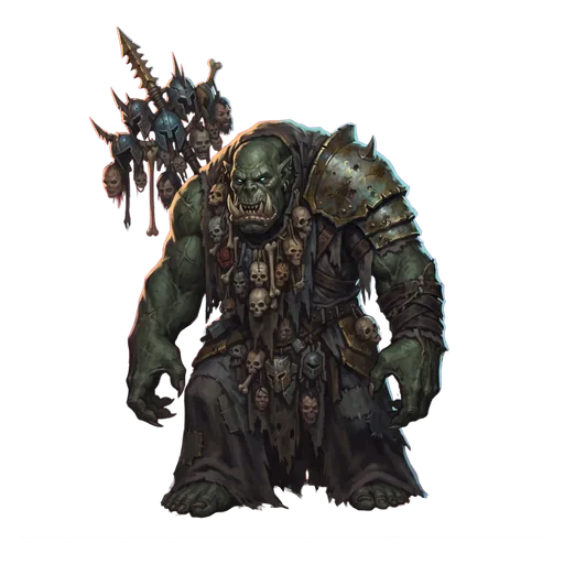 A green-skinned orc warchief with a heavy underbite and jutting tusks, mismatched looted plate strapped over one shoulder, a war-standard of enemy helms on his back.