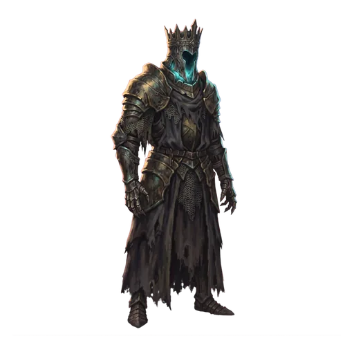 A crowned suit of plate with nothing inside it but cold and grievance, standing straighter than a man could.