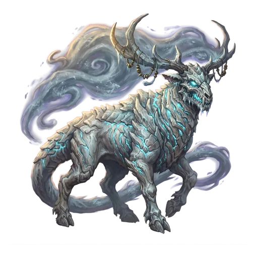 A white stag whose wide antlers drag a small blizzard behind them.