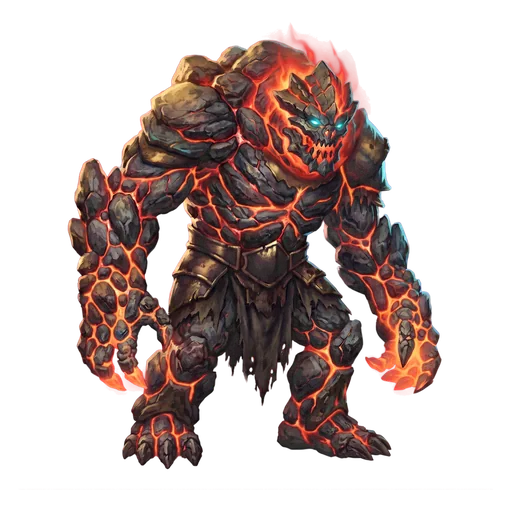 A colossus of fused basalt slabs with lava running bright in every seam, fire guttering from its head and hands where the crust has cracked wide open.