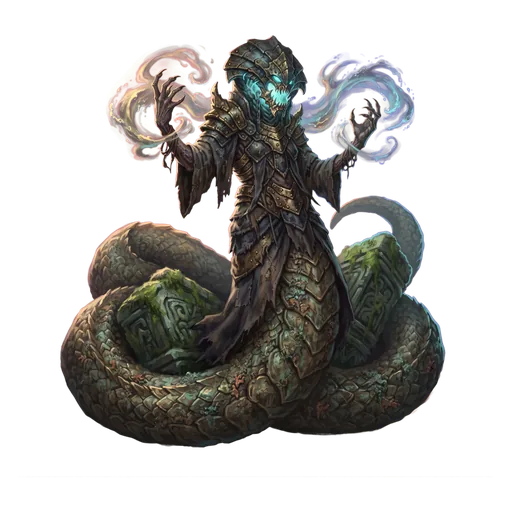 A serpent-sorceress coiled around drowned temple stone, hands raised mid-casting.