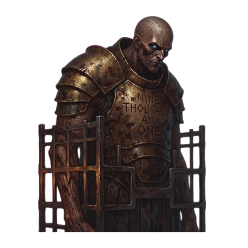 A vault-thing standing exactly where it was shelved, upright inside a rack of iron bands, nine thousand and one stamped across the plate on its chest.