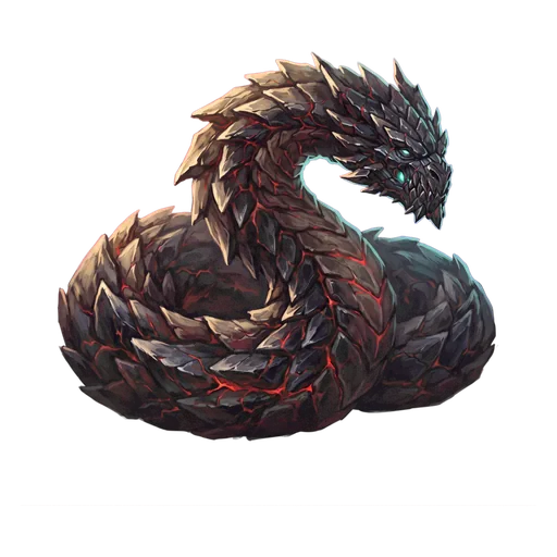 A dragon of cooled volcanic glass, its plates cracking and reknitting as it moves.
