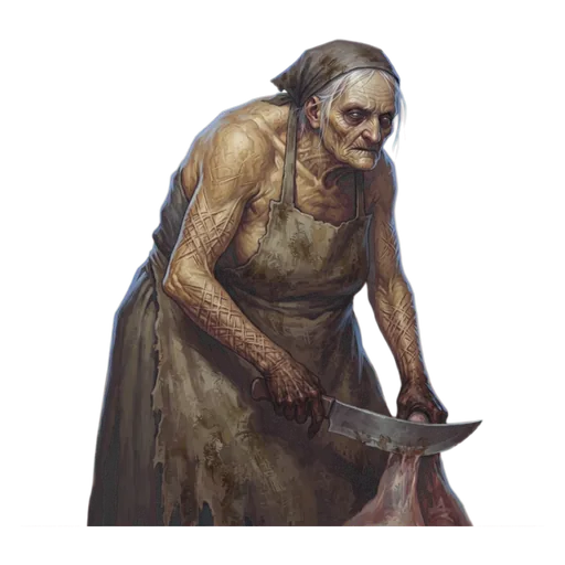 An impossibly old woman in a flensing apron stiff with grease, curved knife held mid-cut.